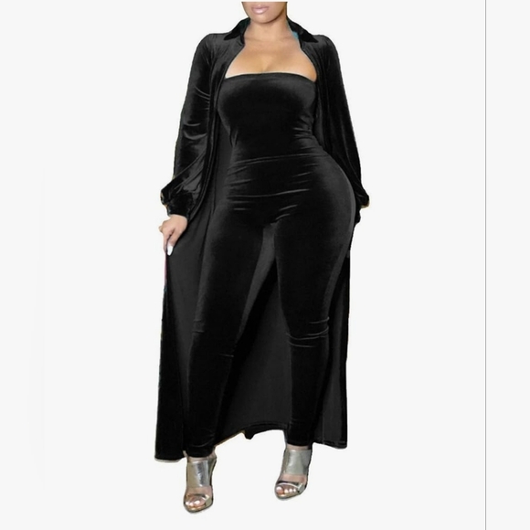 Black Velvet 2 Piece Tube Jumpsuit With Long Sleeve Cardigan - Picture 1 of 3